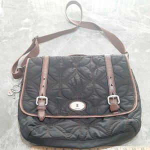 FOSSIL Quilted Black & Brown Leather Trim Key-Per Crossbody Shoulder Bag